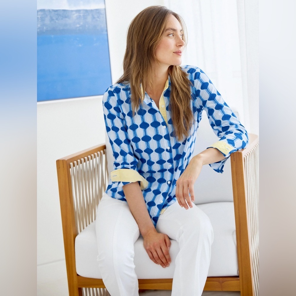 J.McLaughlin Lois Long Sleeve Shirt Blue Preppy Coastal Resort Vacation Cotton - Picture 10 of 10